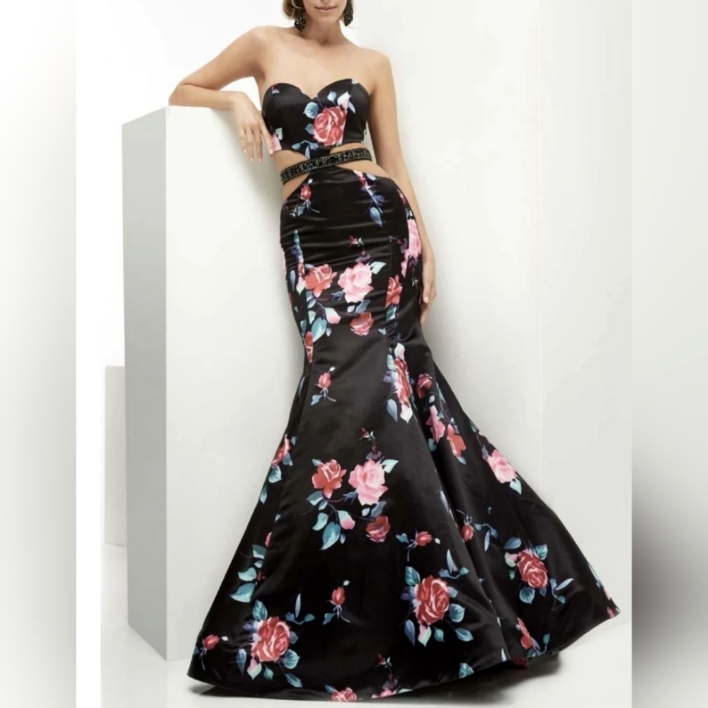 Floral Strapless Black Dress